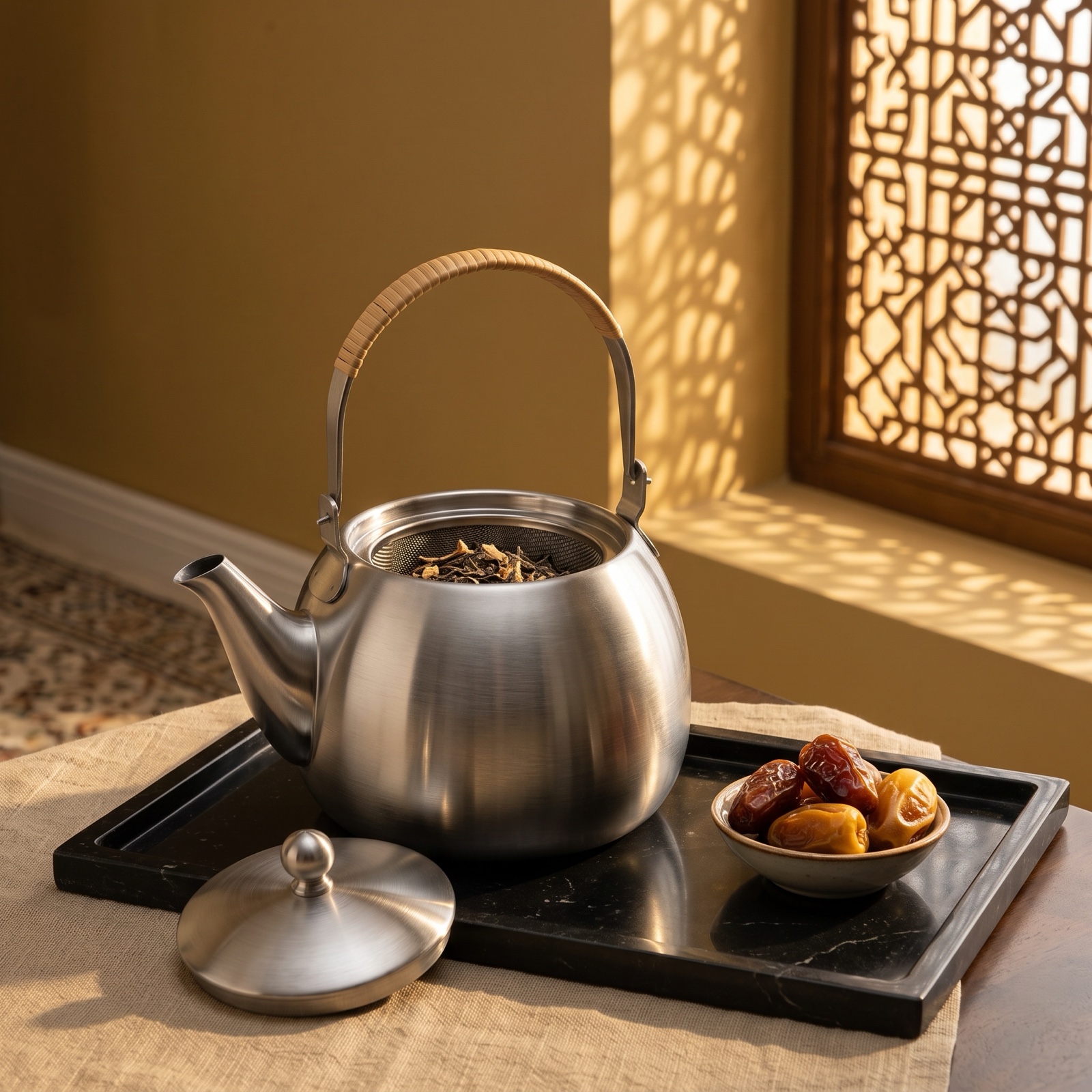 NTB-500 teapot with open lid showing the fine mesh infuser, served with dates in warm Middle Eastern light