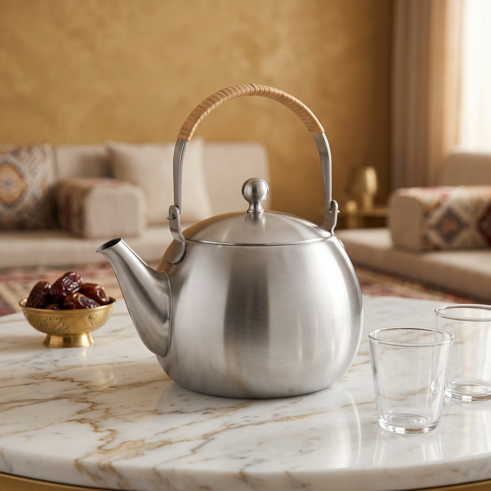 NTB-500 stainless steel filter teapot served on a marble table with tea glasses