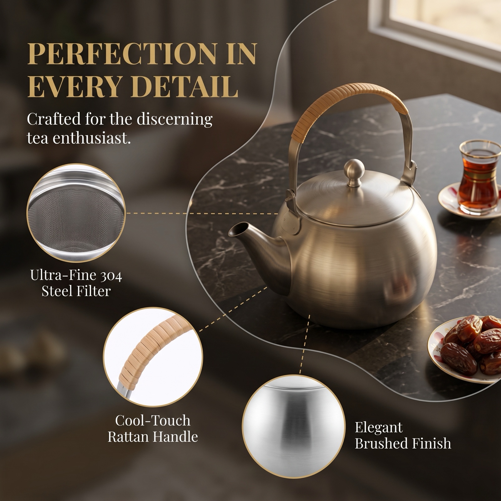 NTB-500 detail callouts: ultra-fine 304 steel filter, cool-touch rattan handle, elegant brushed finish