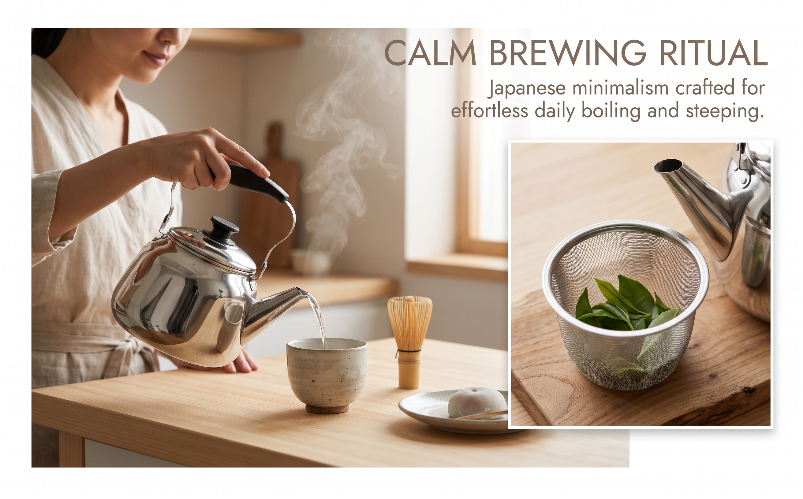 WM-1.5 wide-mouth stainless steel tea kettle pouring tea in a calm Japanese kitchen