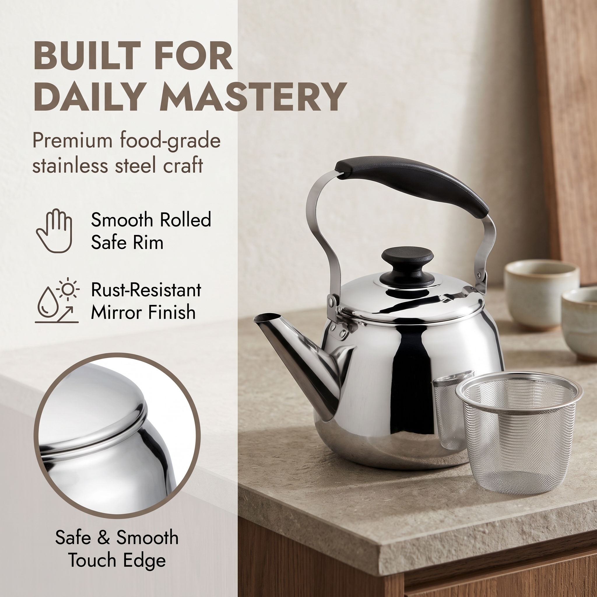 WM-1.5 kettle details: smooth rolled safe rim and rust-resistant mirror finish with infuser