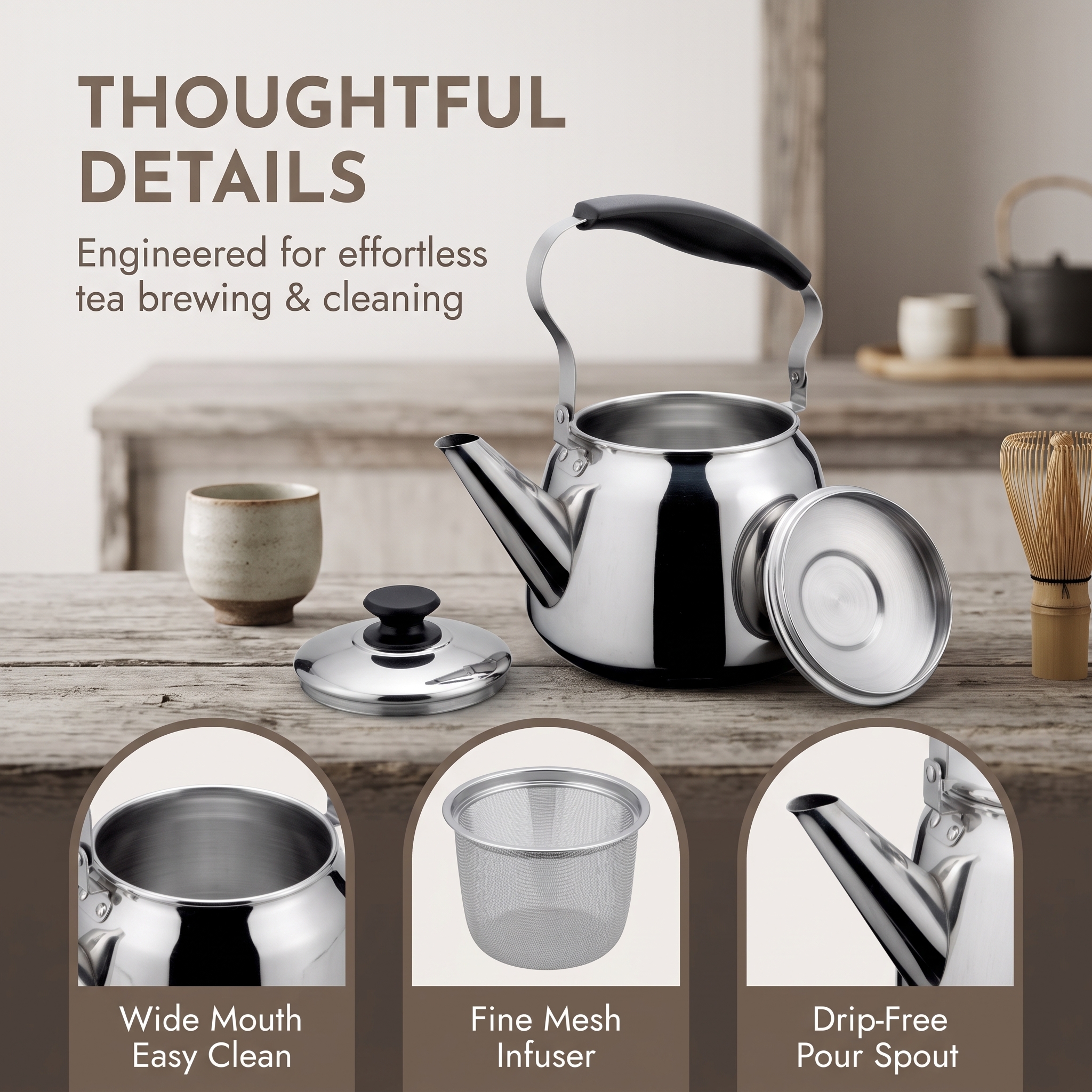 WM-1.5 thoughtful details: wide mouth easy clean, fine mesh infuser and drip-free pour spout