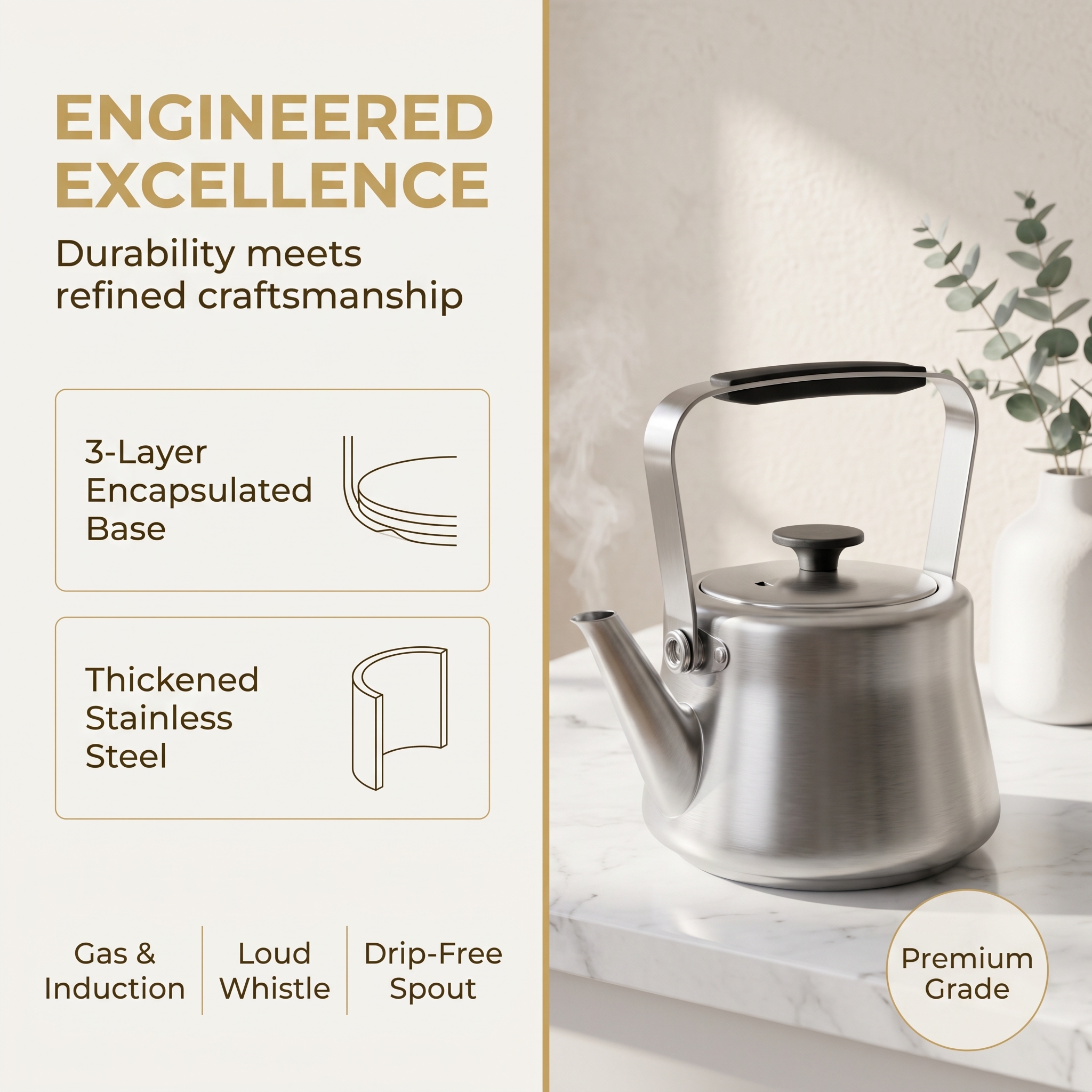 XZ kettle engineering: 3-layer encapsulated base, thickened stainless steel, gas and induction