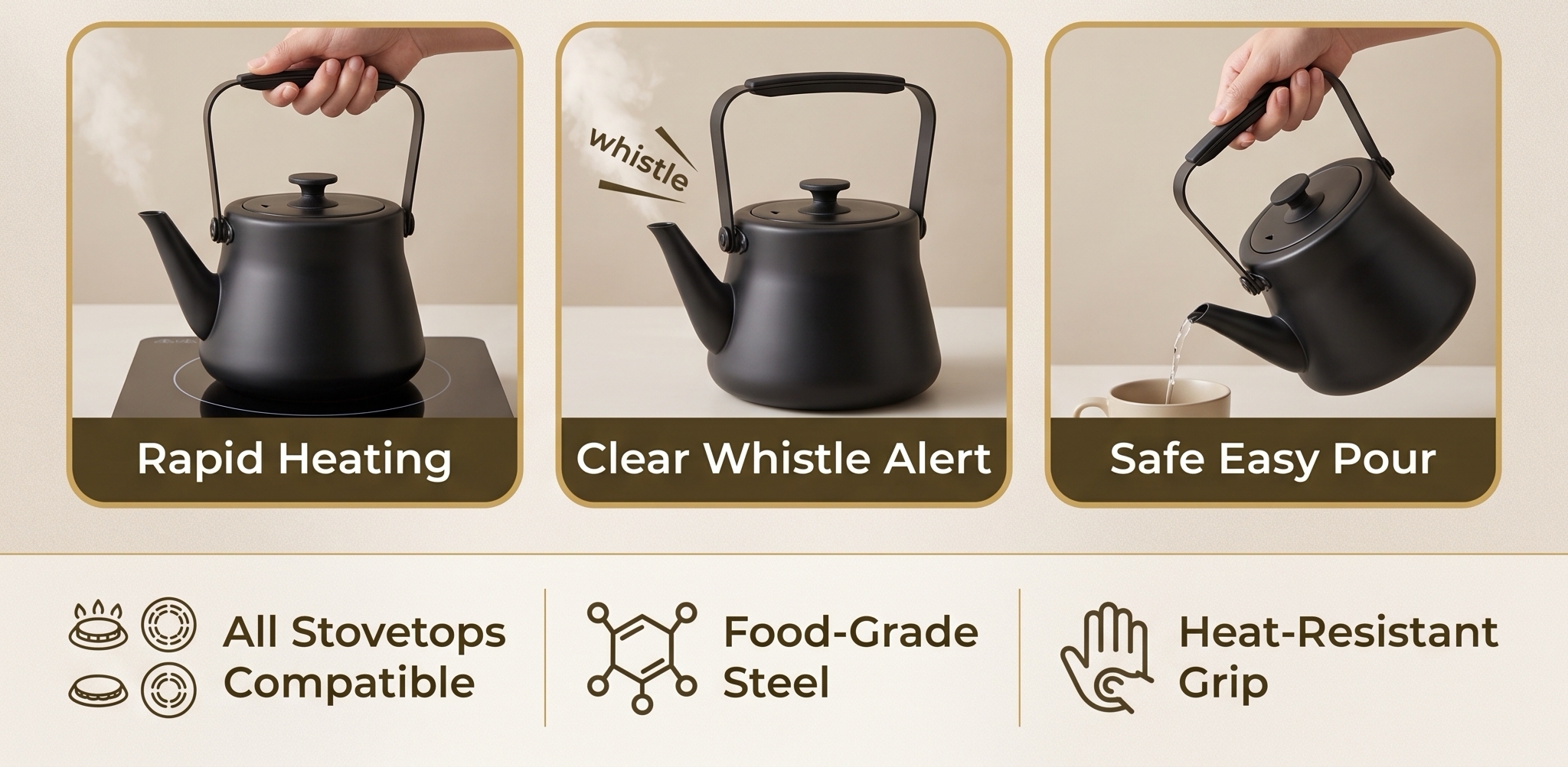 XZ kettle benefits: rapid heating, clear whistle alert and safe easy pour