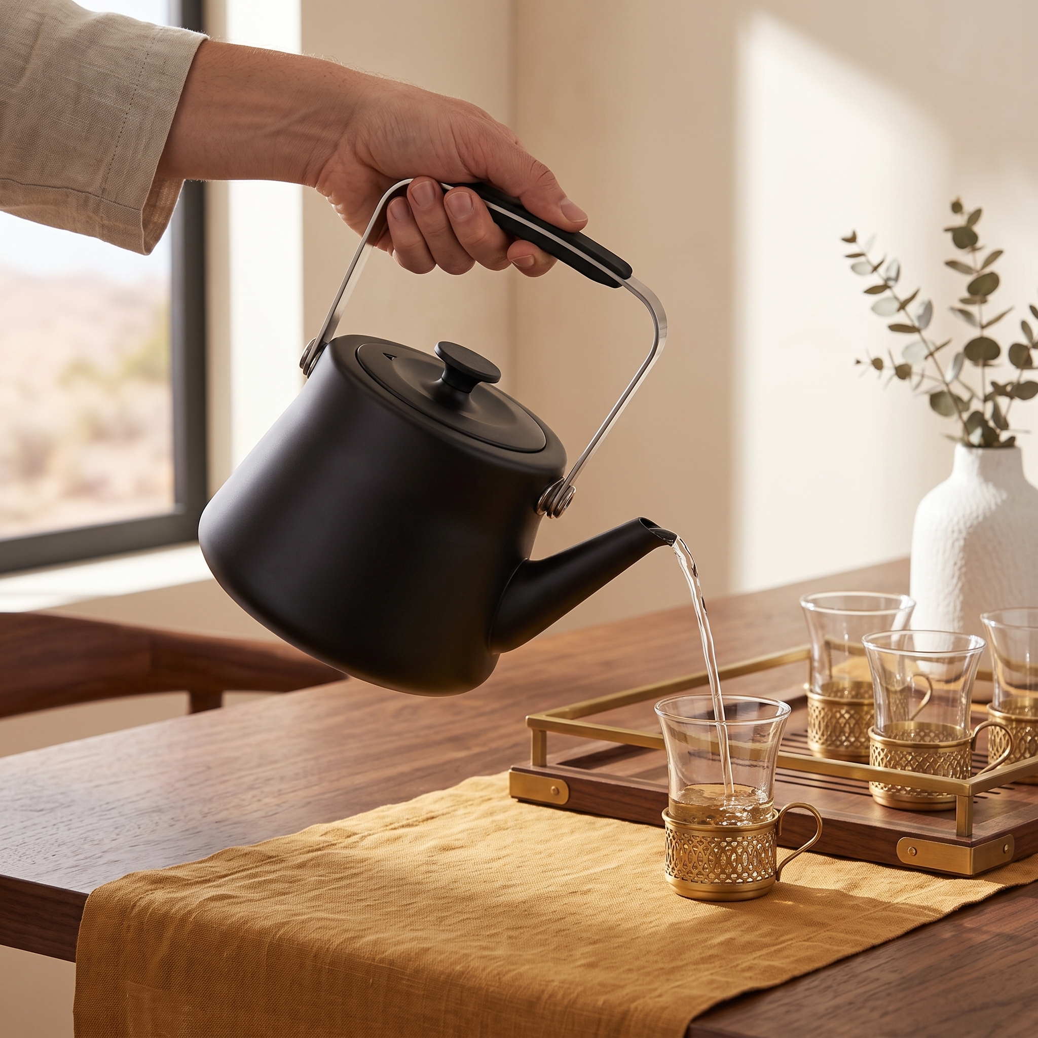 Matte black custom color XZ kettle pouring tea into Arabic tea glasses
