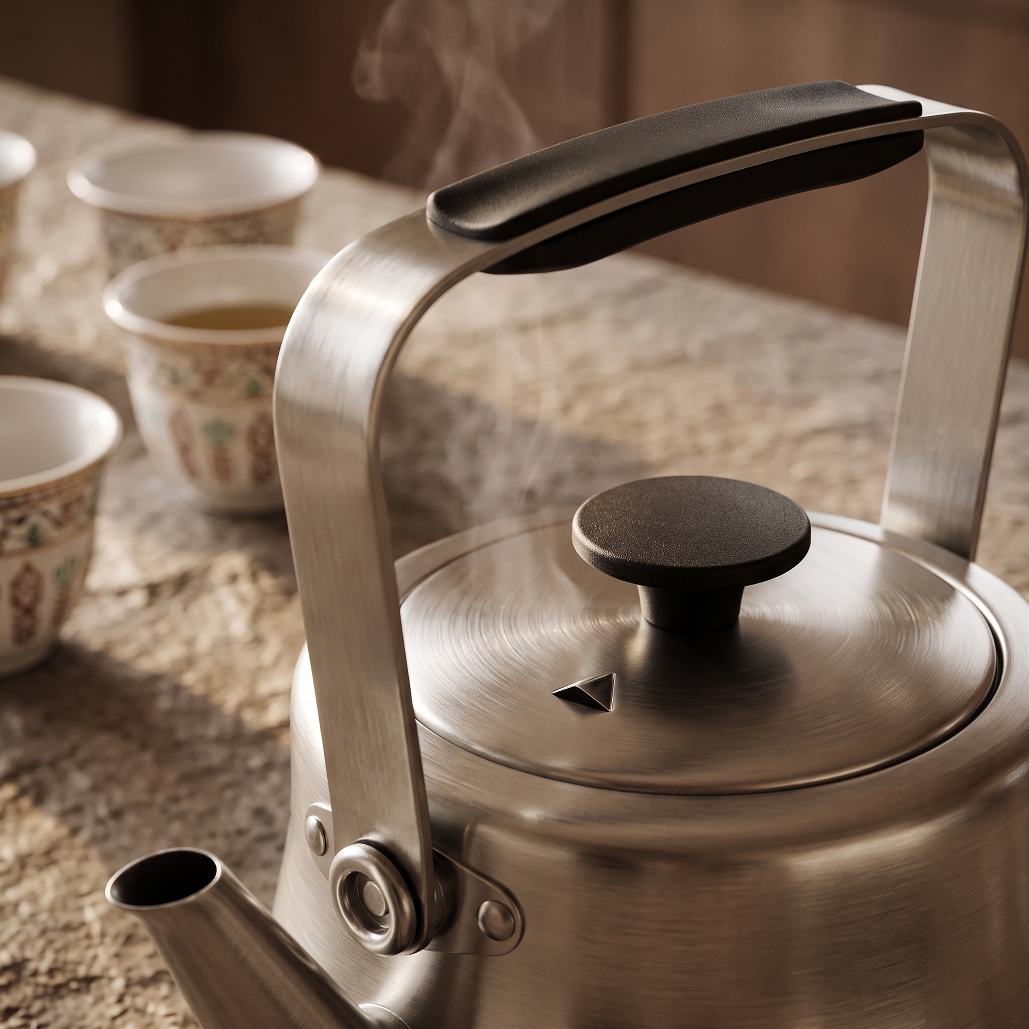 XZ brushed stainless kettle with steam rising beside traditional tea cups